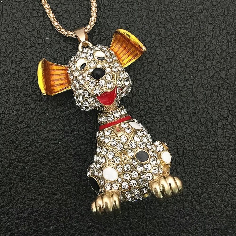 Yellow Enamel Crystal Cute Dog Pendant Sweater Necklace NWOT